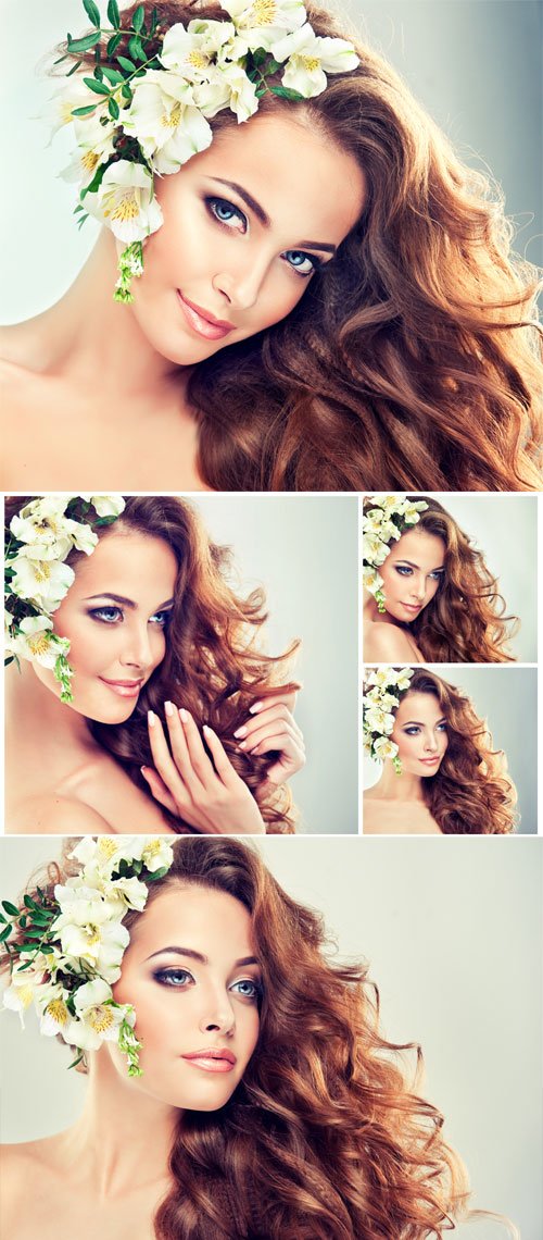 Girl with white flowers in her hair - stock photos