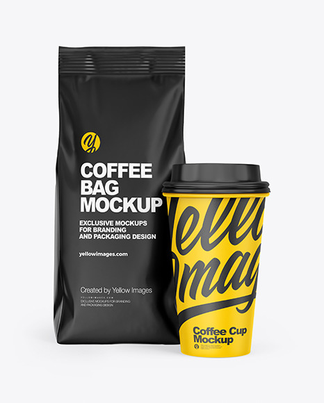 Matte Coffee Bag with Cup Mockup - Front View 72956