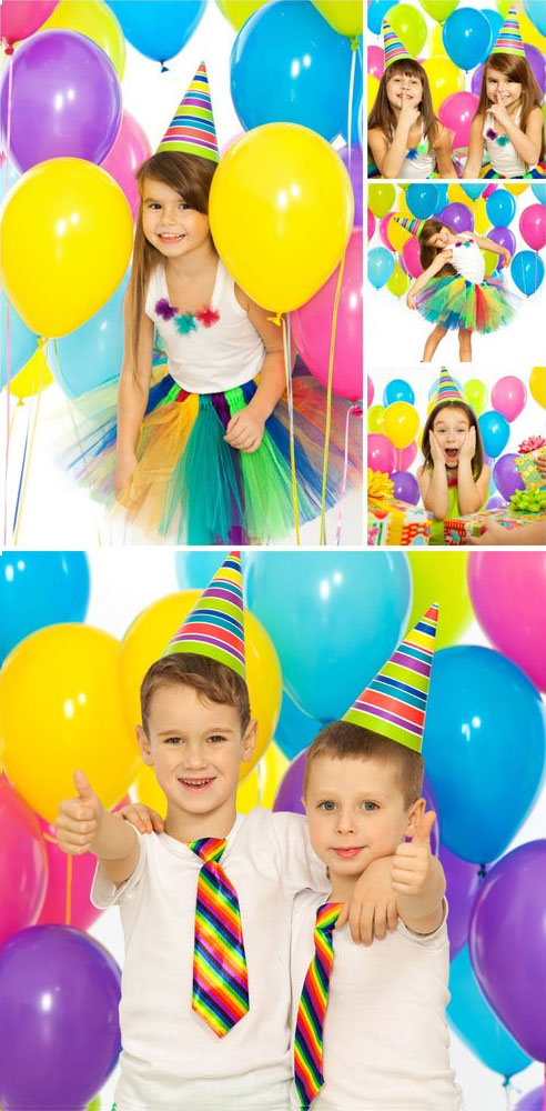 Children's Birthday, Children with Balloons - Stock Photos
