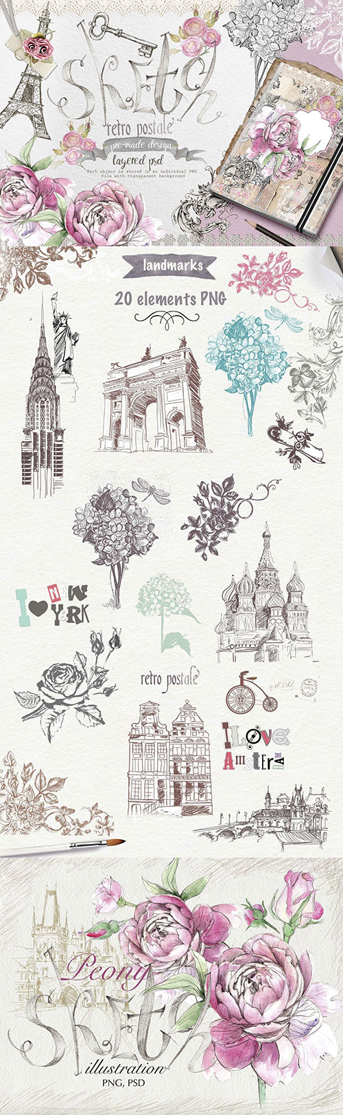 Clipart for Vintage Style Postcards