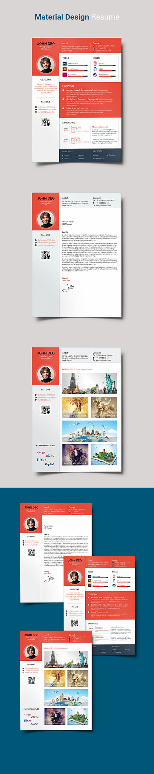 PSD Material Design Resume - Red & White Color Style