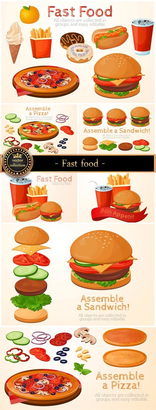 Fast food, pizza, hamburgers, french fries vector
