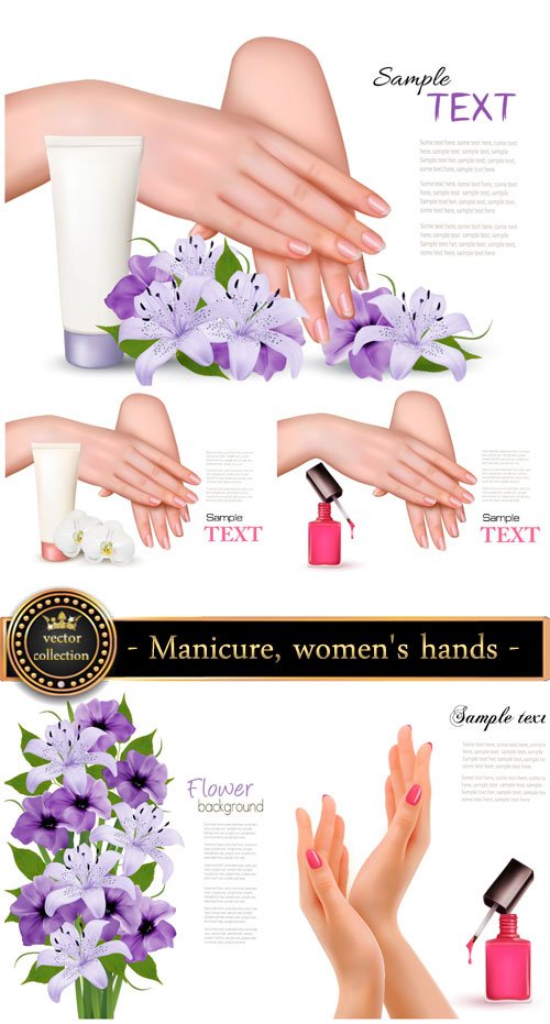 Manicure, women's hands and flowers vector