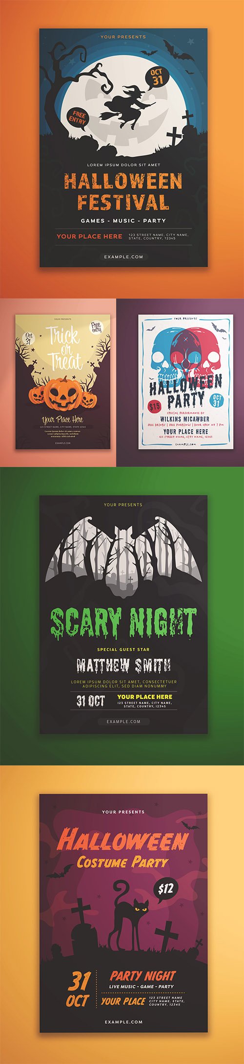 Set of 5 Halloween Flyer Layout with Illustrative Elements