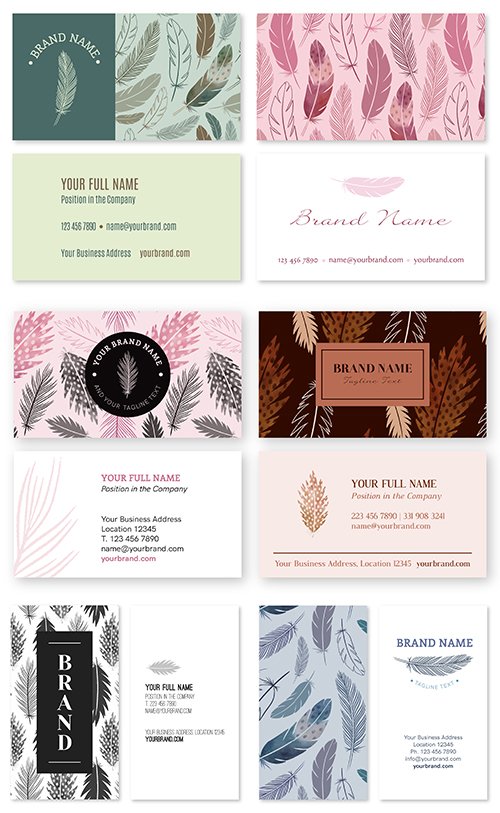 Business Card Vector Template with Feathers Nature Theme Set