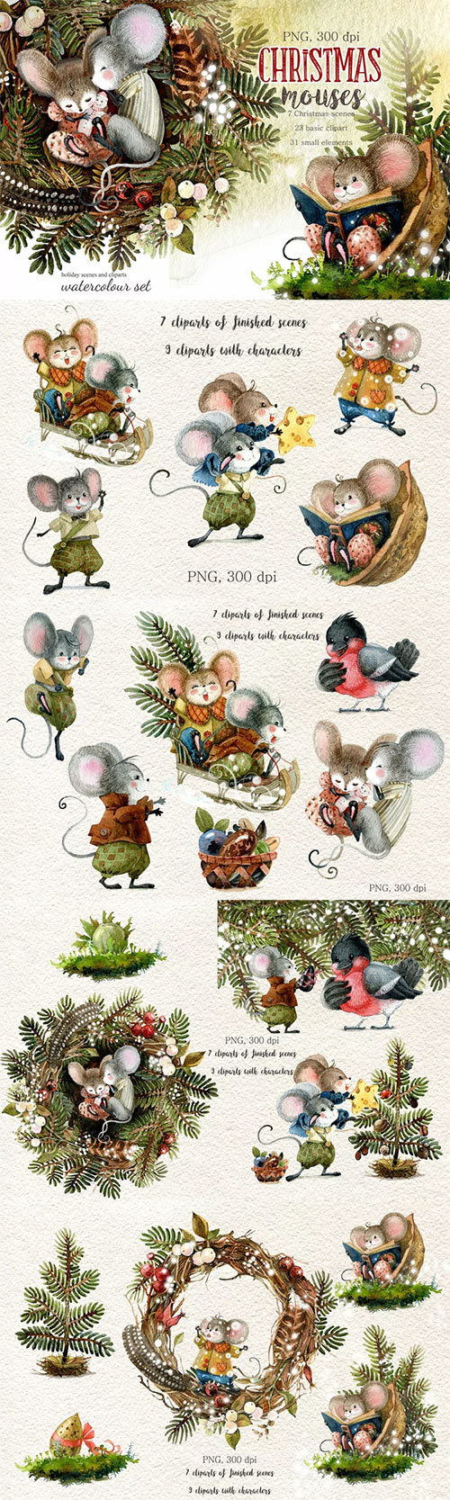 Christmas mouse. Watercolor cliparts 975534