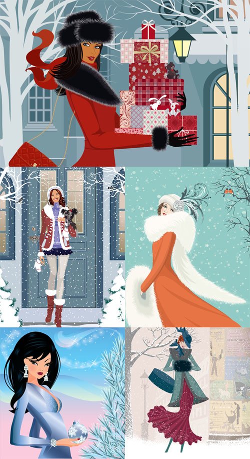 5 Winter Girl Seasons Card Illustrations