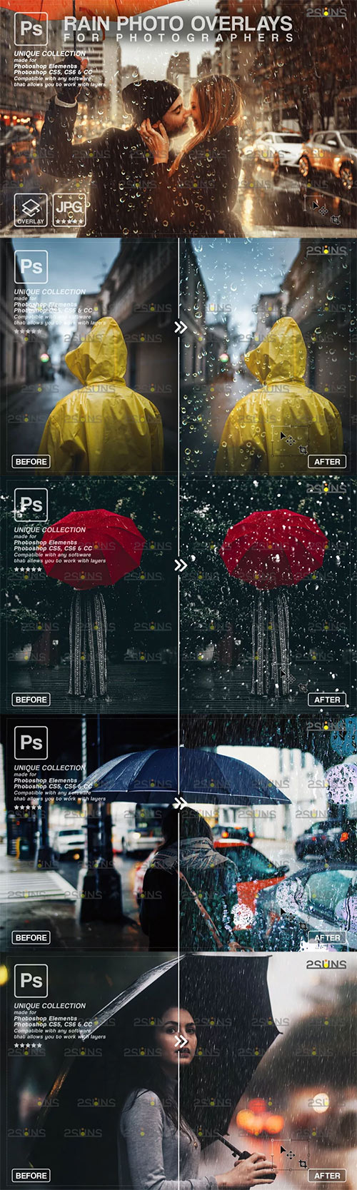 Rain overlay & Photoshop overlay Realistic falling rain