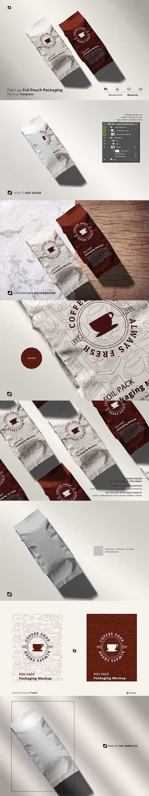 Flat Lay Foil Pouch Packaging Mockup 6276345