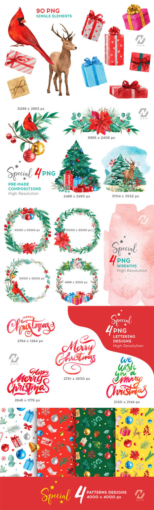 Christmas Watercolor Elements Graphics