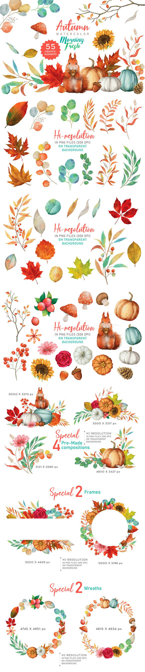 Autumn Leaves Watercolor PNG Elements