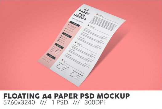 Floating A4 Paper PSD Mockup