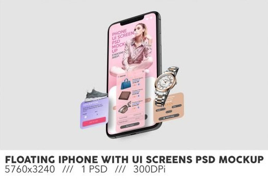 Floating iPhone With UI Screens PSD Mockup