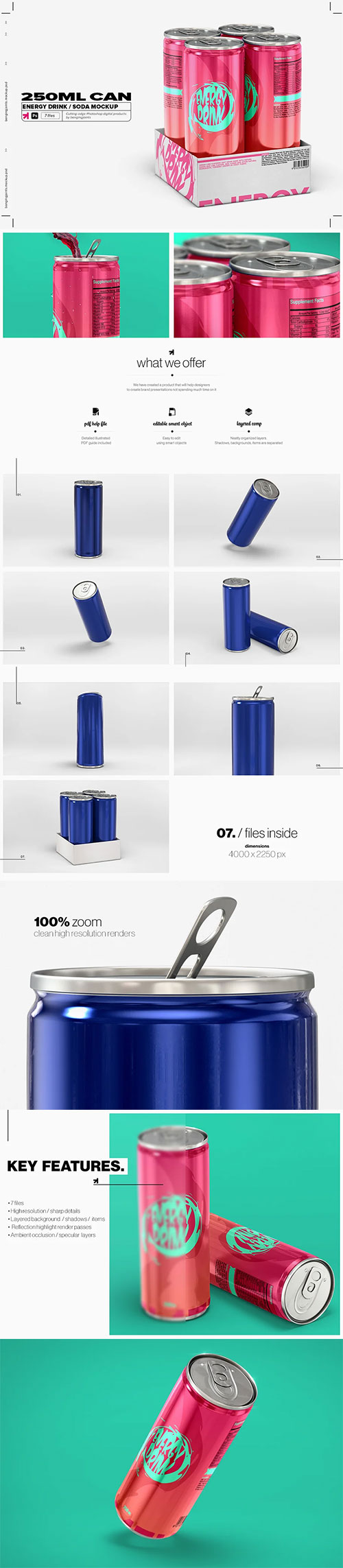 250ml Energy Drink Soda Can Mockup