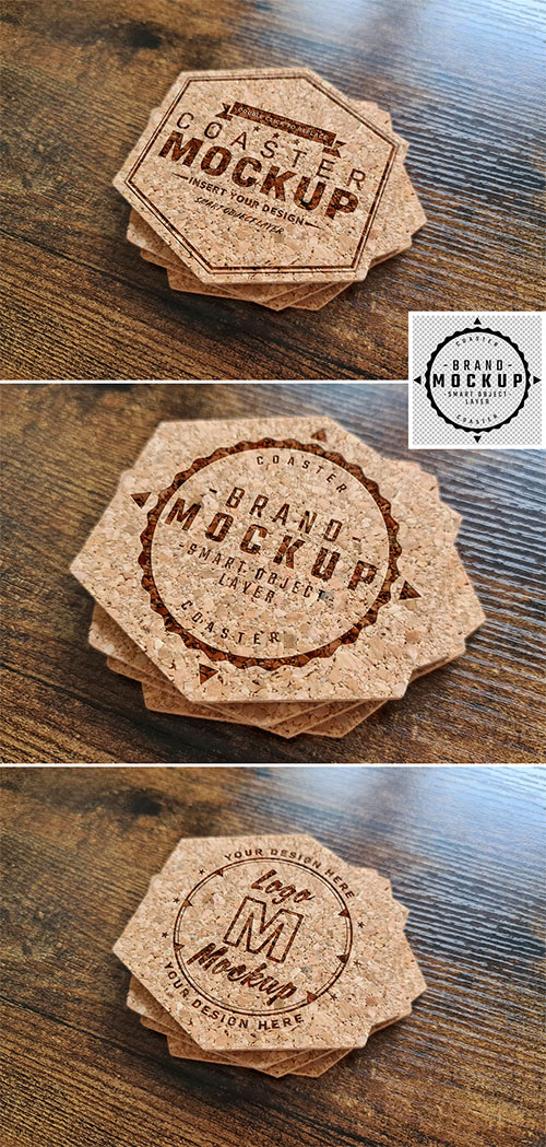 Coaster Stack Logo Mockup on Wooden Surface