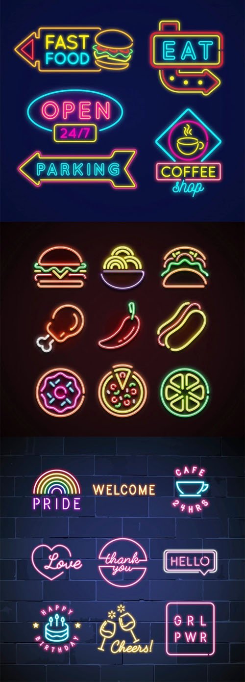 Colorful Advertising Neon Signs - Vector Elements