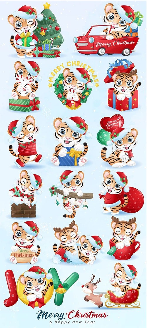 Cute Tiger for Merry Christmas Digital Clipart Collection