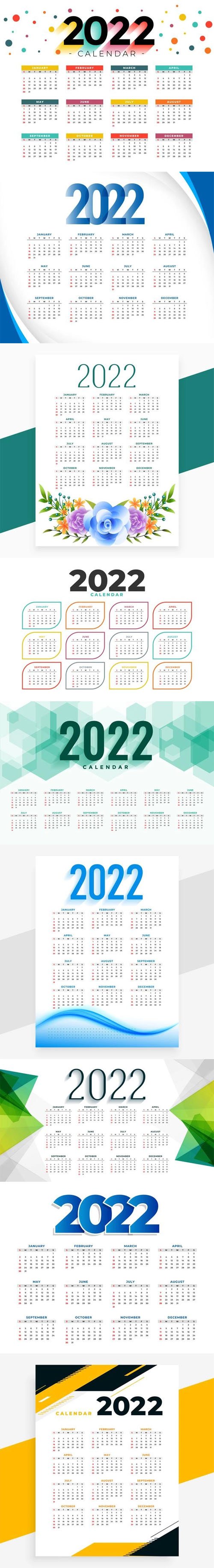 9 New Year 2022 Calendars Vector Design Templates