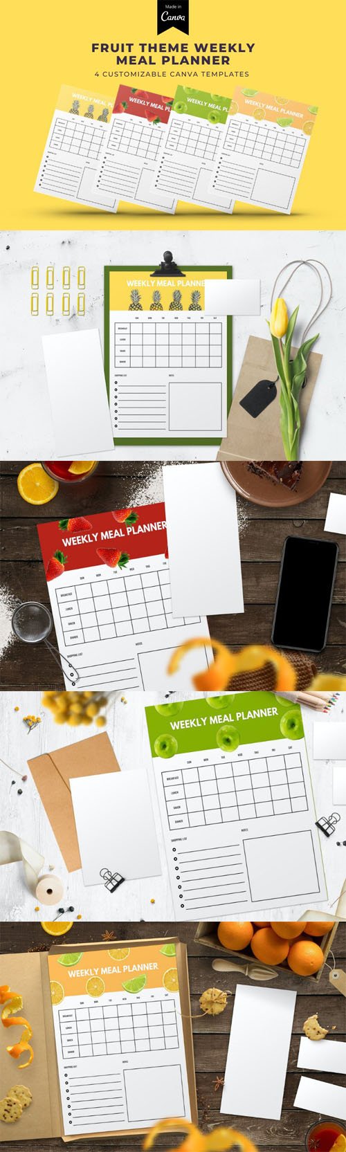 Fruit Theme Weekly Meal Planner - 4 Customizable Templates