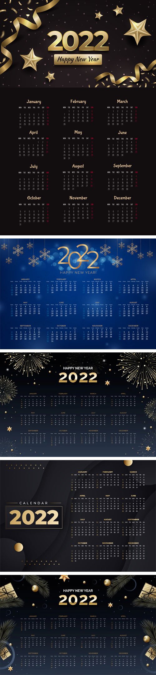 5 Modern Calendars for New Year 2022 Vector Templates