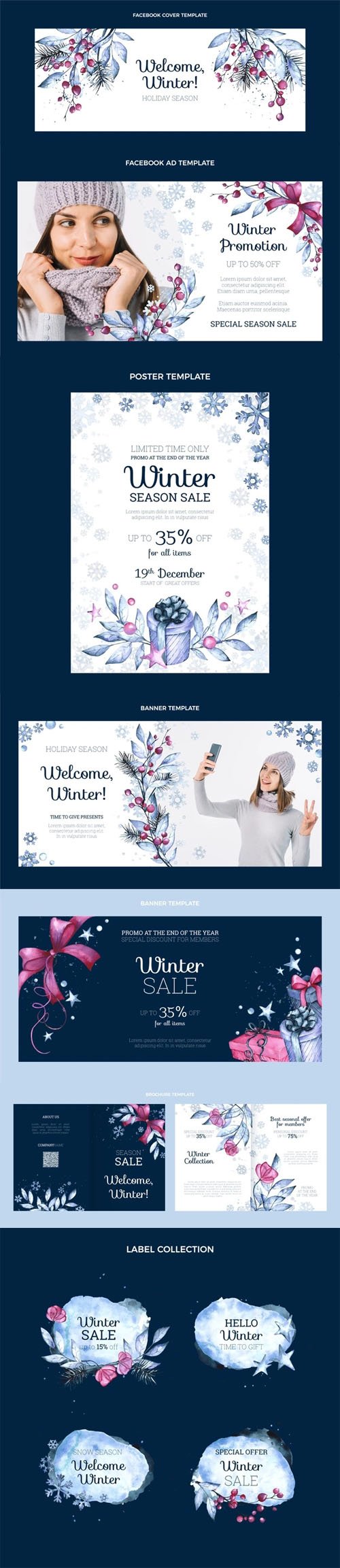 Watercolor Winter Sales Vector Templates Collection