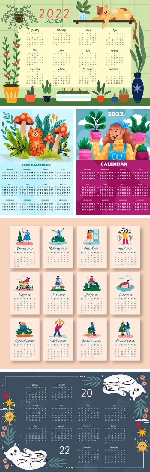 10 Hand Drawn 2022 Calendar Vector Templates Collection