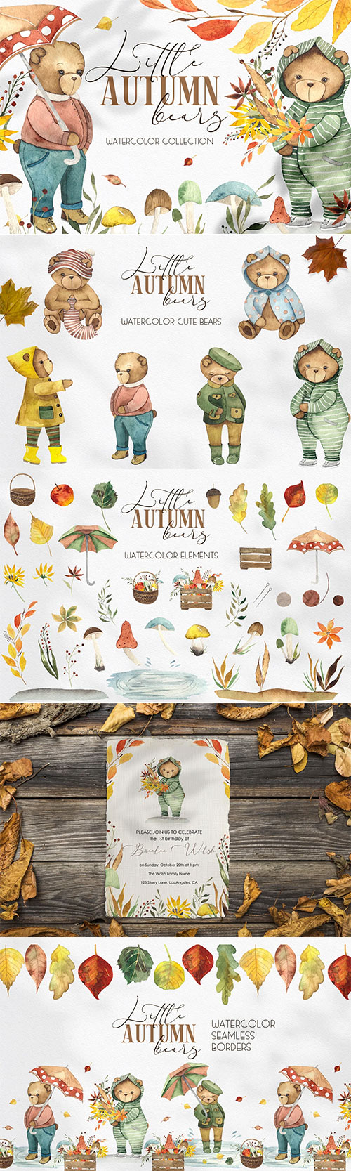 Little Autumn Bears. Watercolor collection 4973992