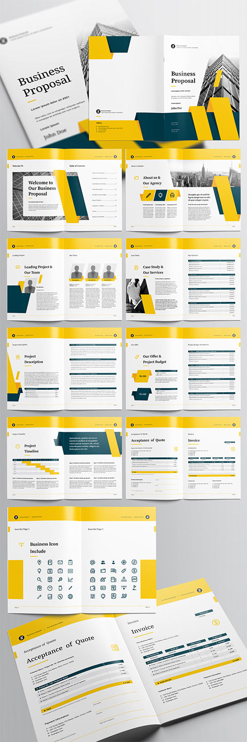 Business Proposal Layout with Teal and Yellow Accents