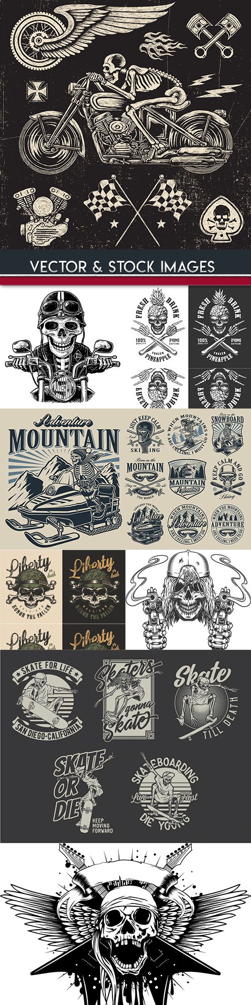 Skull and accessories grunge label drawn design 8