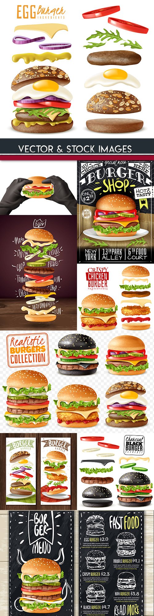 Menu burger with fillings realistic 3d illustrations
