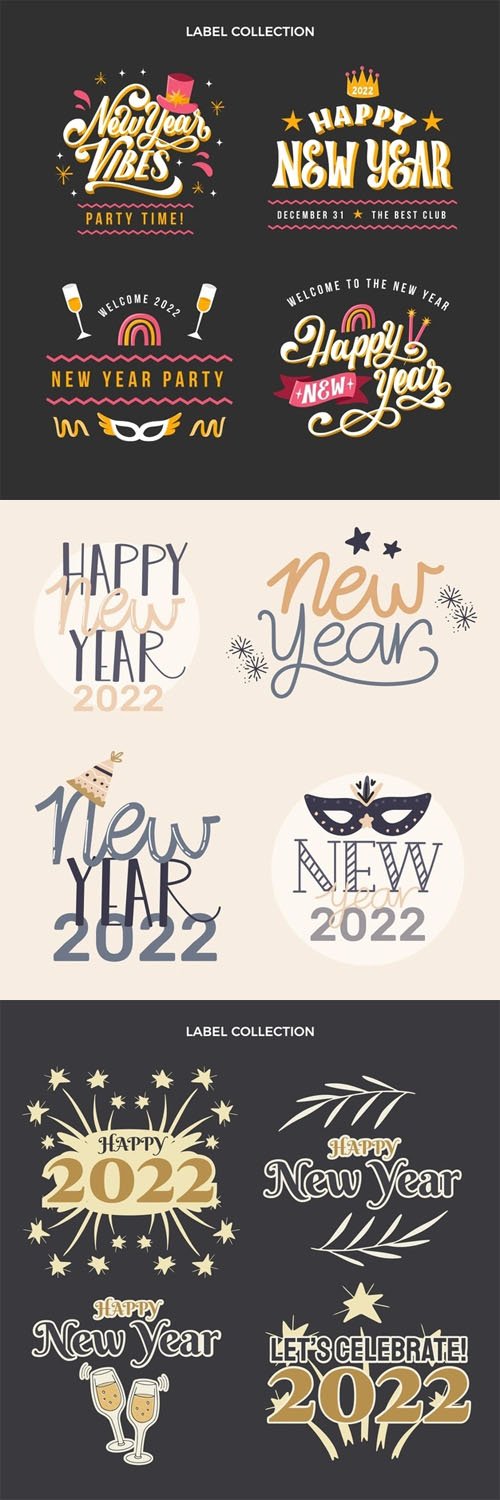 12 Hand Drawn Happy New Year 2022 Labels Vector Templates