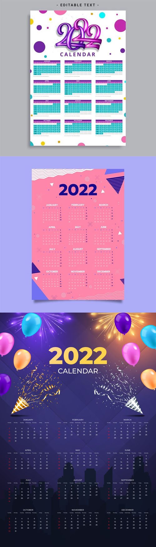 6 Realistic New Year 2022 Calendars Vector Templates