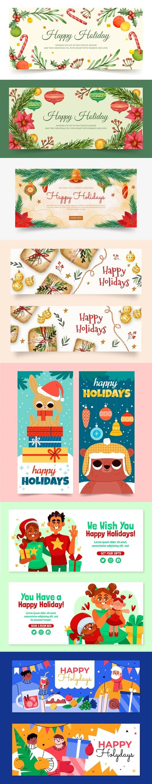 Hand Drawn Happy Holidays Banners Collection Vol.2 - 8 Vector Templates