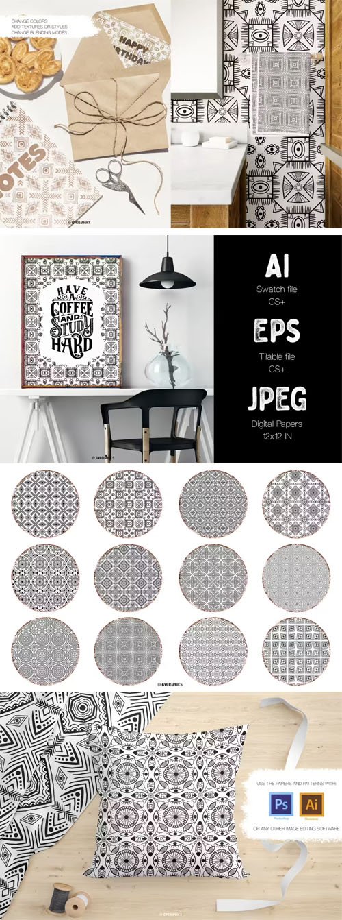 B&W Hand Drawn Patterns & Digital Papers Set - 12 Vector Patterns
