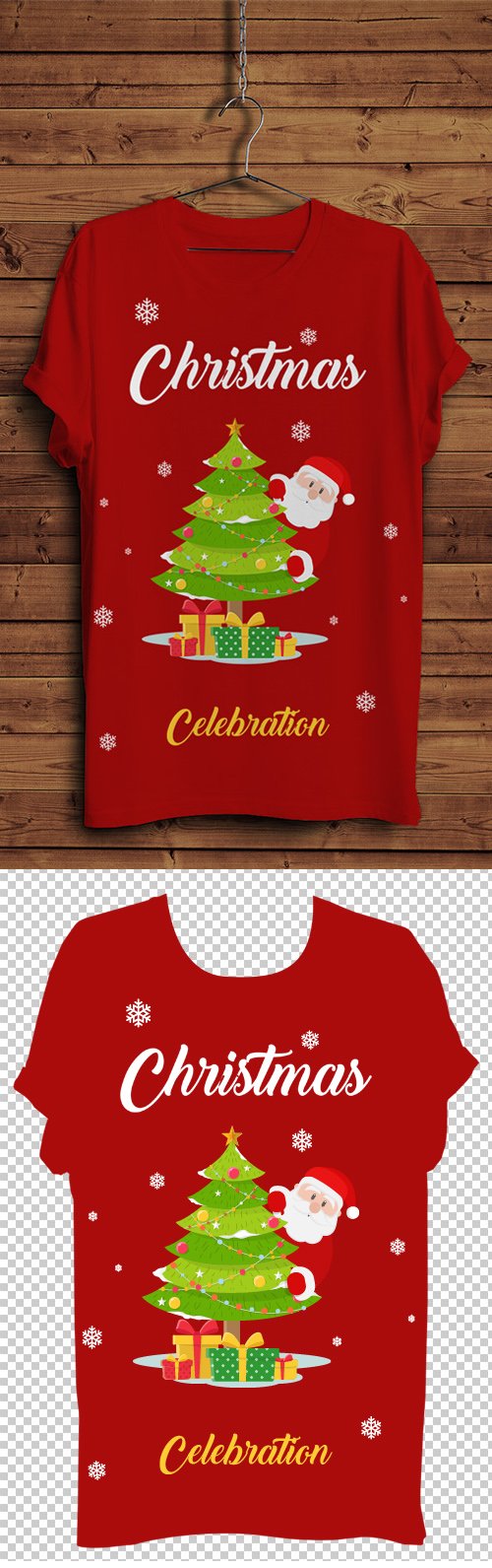 Christmas T-Shirt PSD Mockup with Hanger & Wooden Background