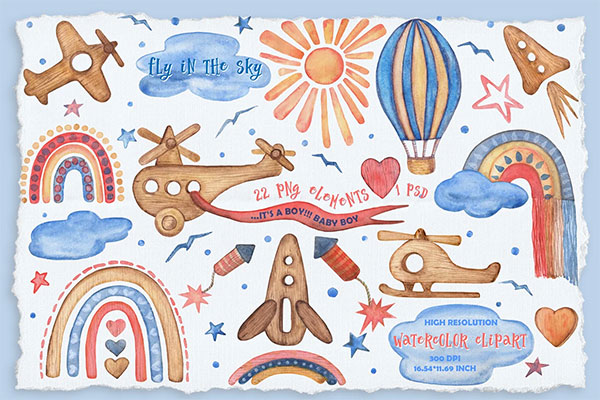 Fly in the sky Watercolor Clipart 6153705
