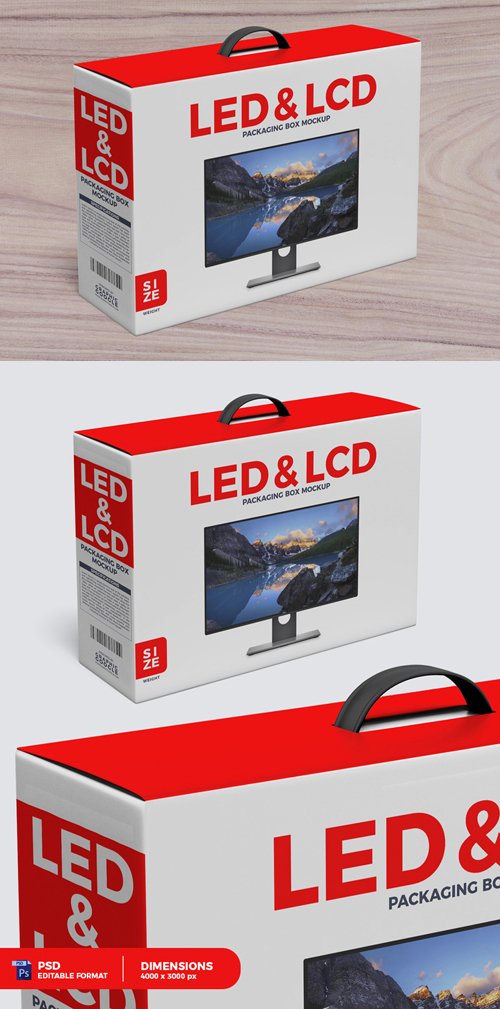 Desktop LCD & LED Packaging Box with Handle PSD Mockup Template