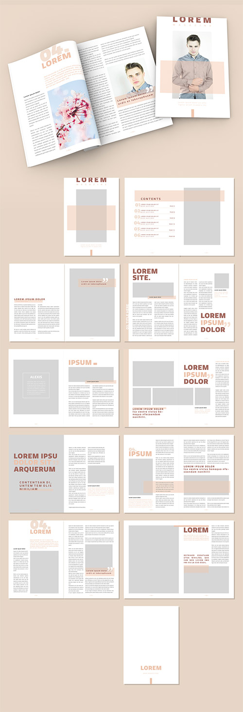 Magazine Layout with Peach and Dark Red Accents