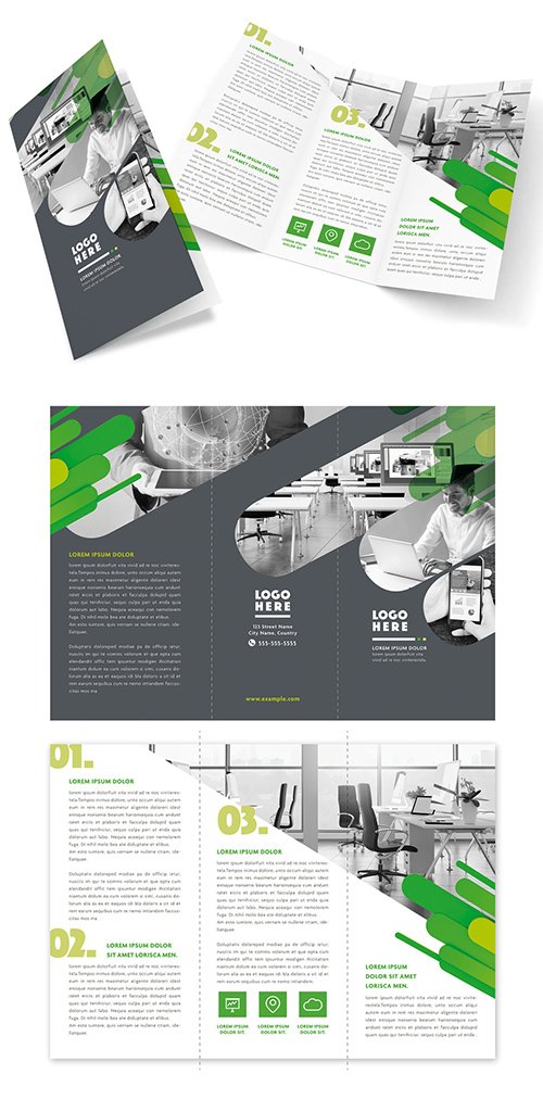 Gray and White Trifold Brochure Layout with Green Accents