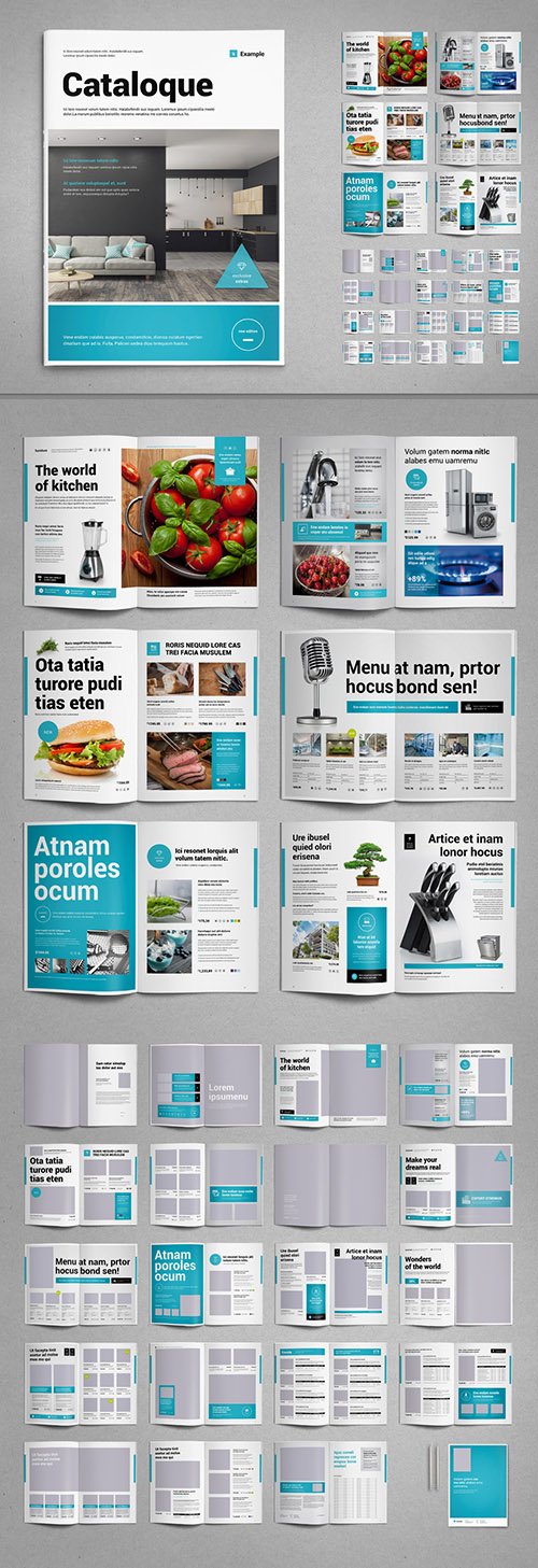 Product Catalog Layout in Black and White with Cyan Accents