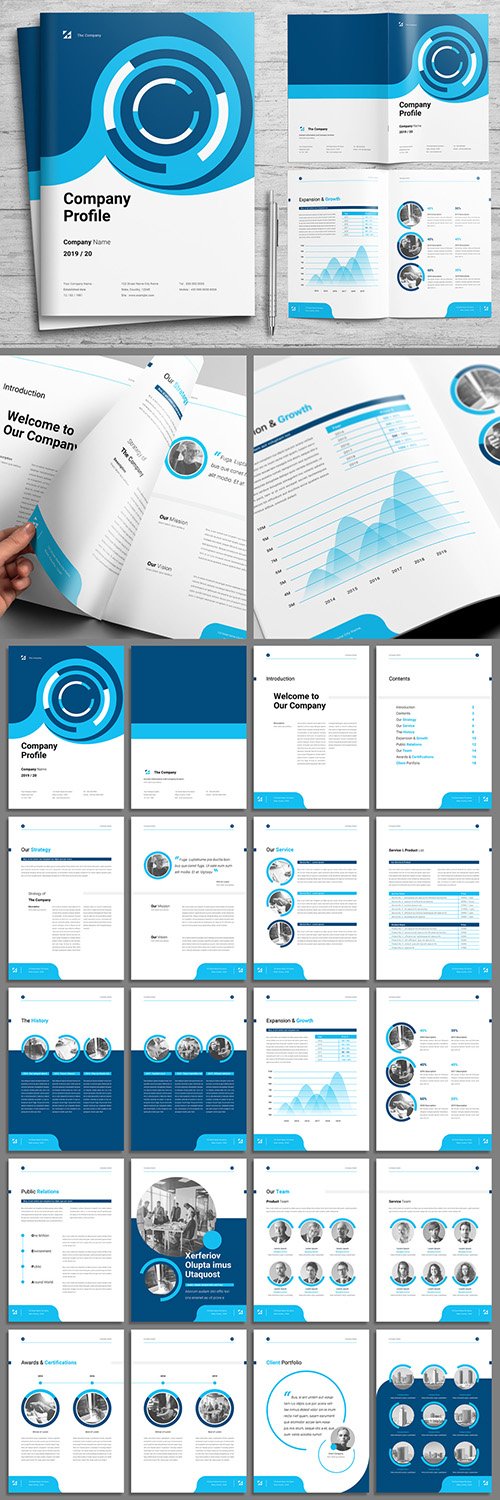 Corporate Profile Booklet Layout with Blue Accents