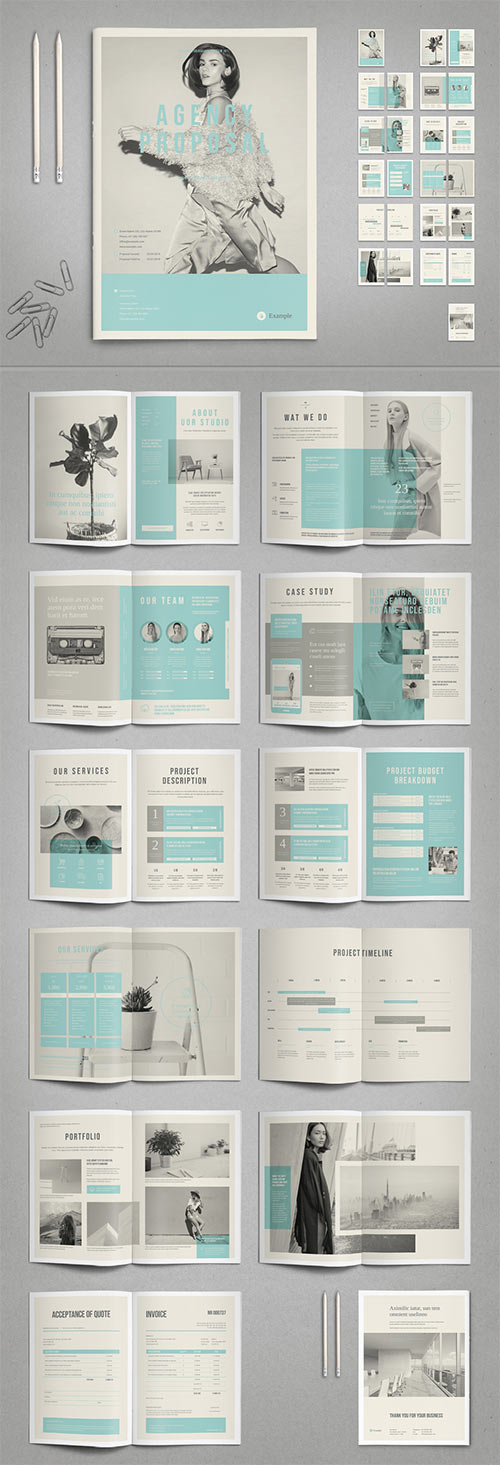 Agency Proposal Layout in Black and White with Cyan Accents