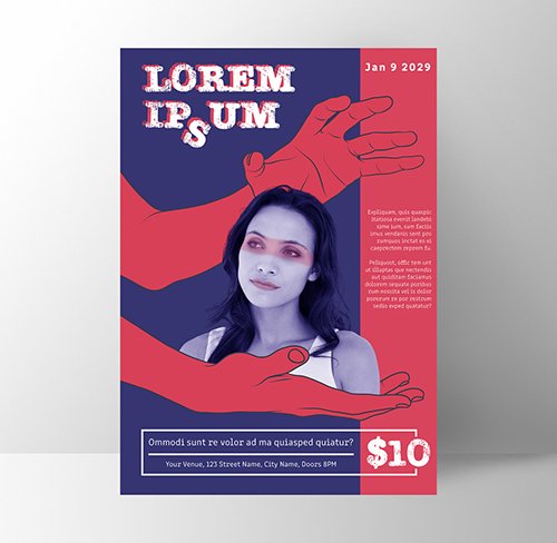 Event Poster Layout with Red Illustrative Elements