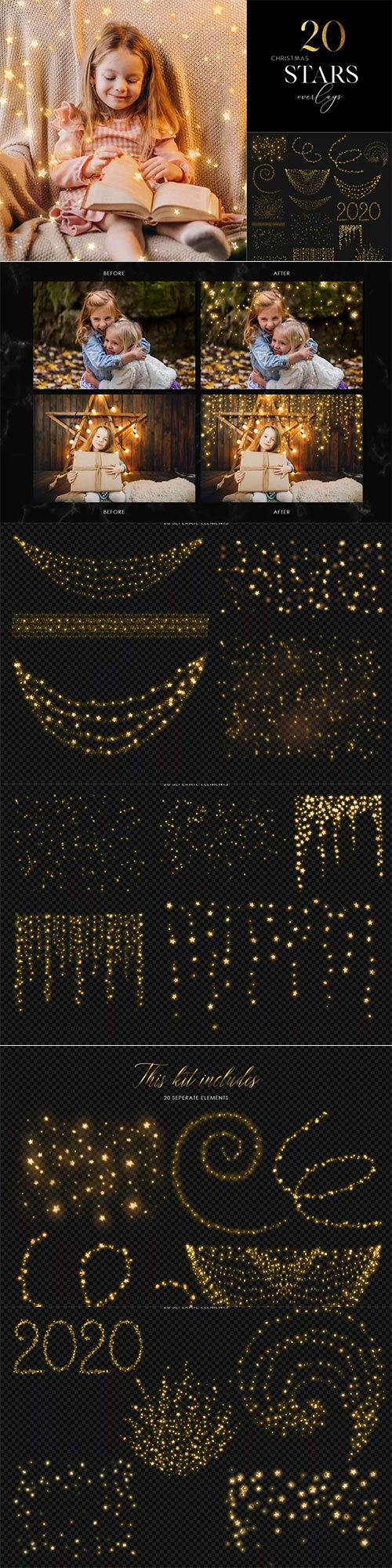 20 Christmas Stars Clipart, Gold Stars Overlays 1894576