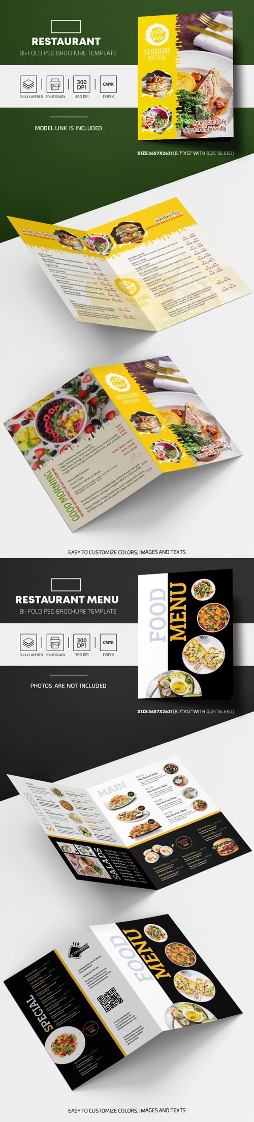 2 Restaurant Menus - Bi-Fold PSD Brochure Templates
