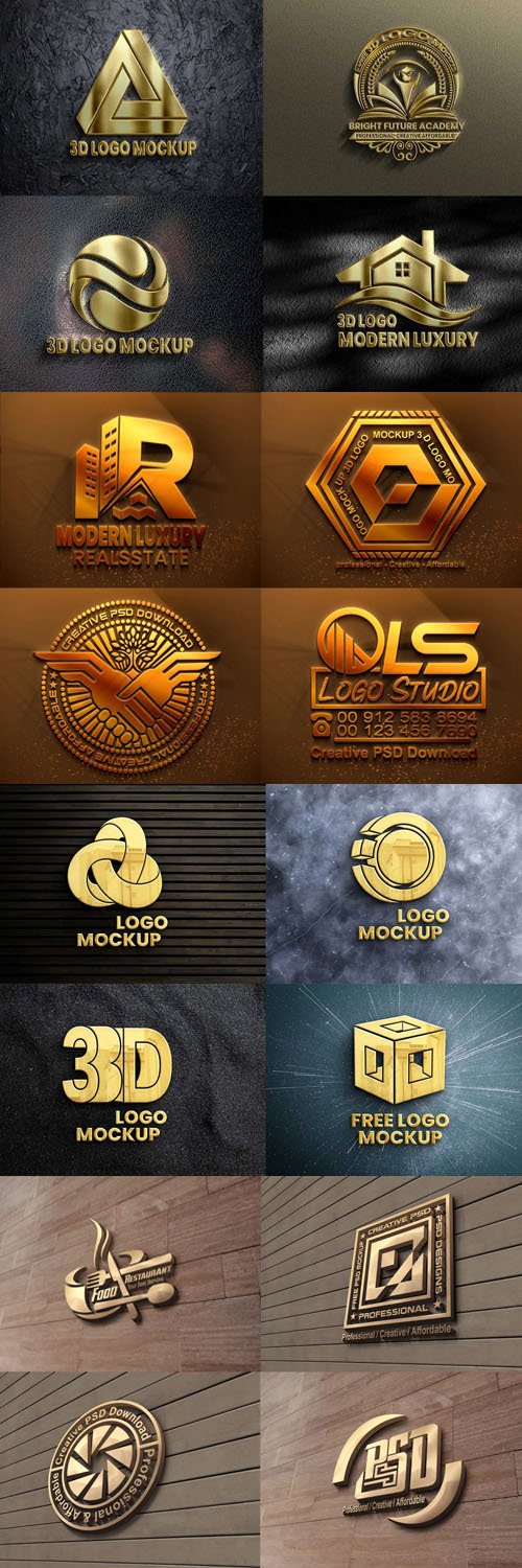3D Realistic Logo PSD Mockups - 16 Logos