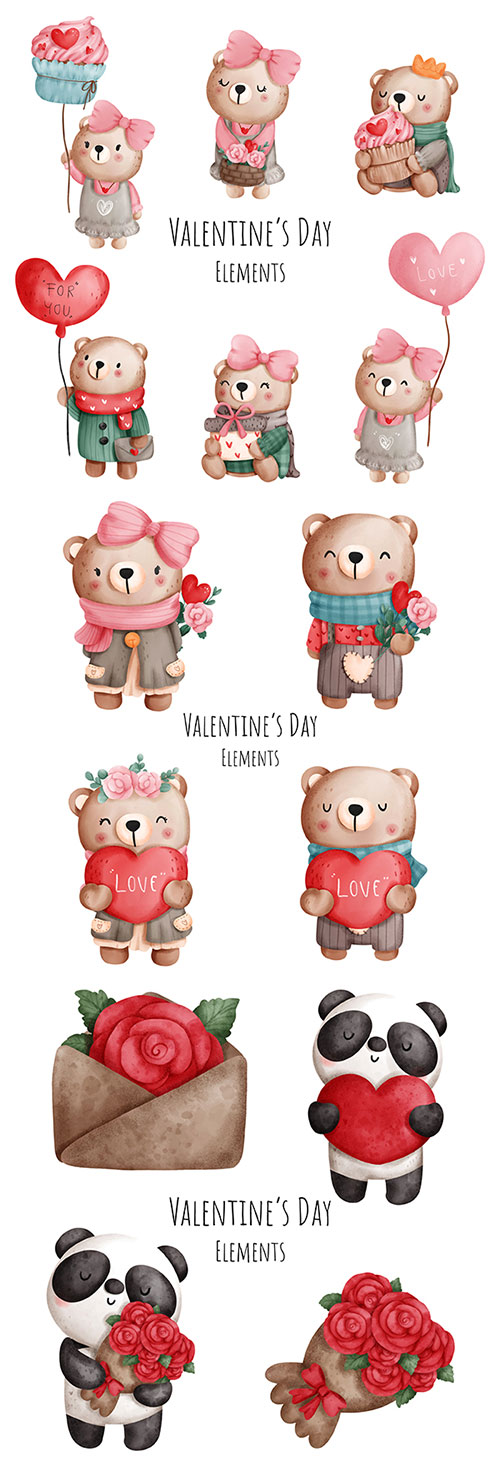 Vector Valentine's Day watercolor element with cute animals