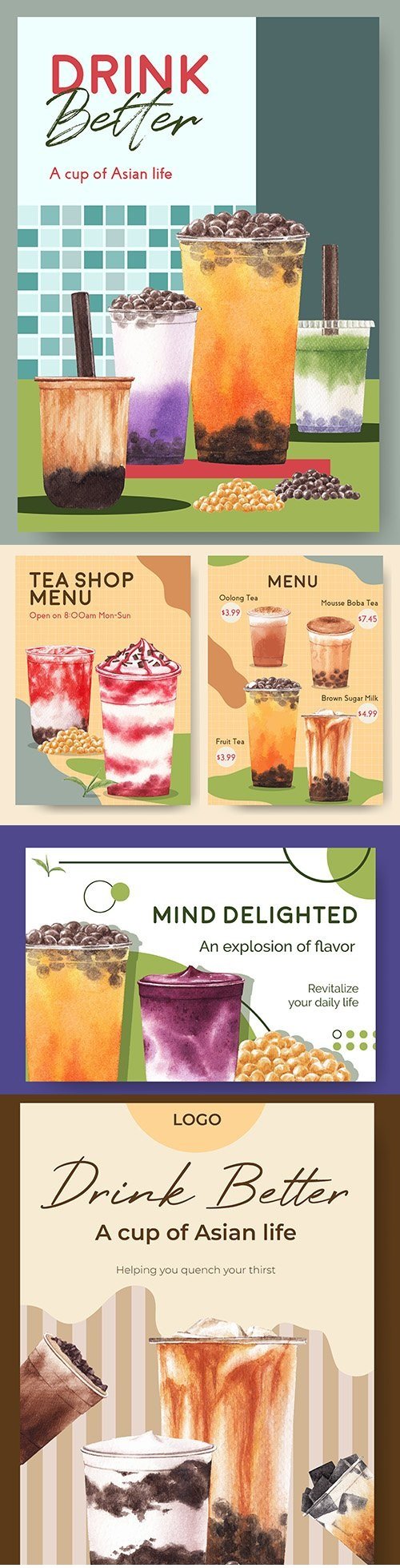 Menu template and banner with bubble tea with milk