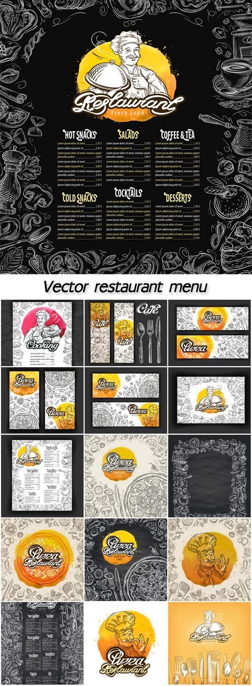 Vector restaurant brochure, menu cafe template with hand-drawn graphic