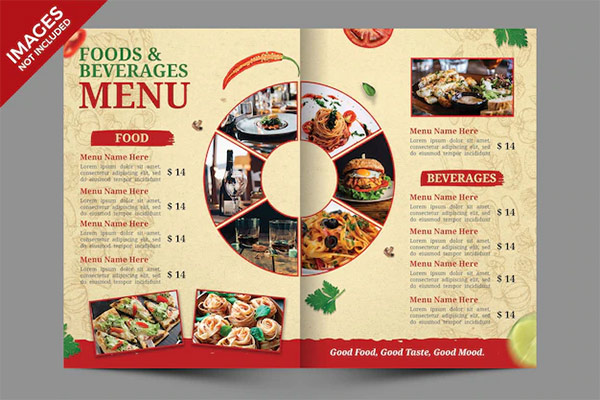 Vintage bifold food menu cover design PSD template